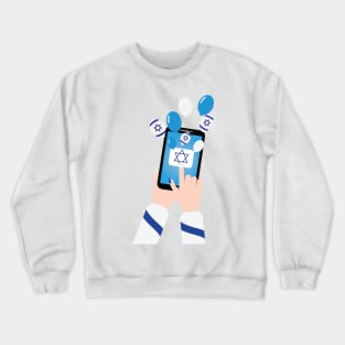 Blue White balloons and Israeli flag balloons flying from smartphone Crewneck Sweatshirt